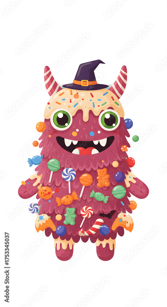 Naklejka premium Cute cartoon candy monster with a witch hat, covered in colorful sweets and sprinkles, smiling happily.