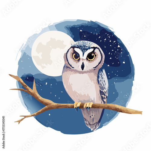 Kleine Eule auf einem Ast bei Vollmond