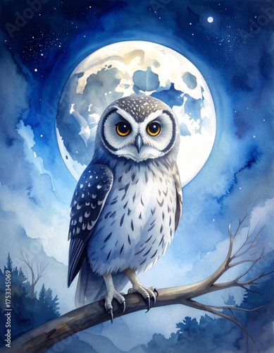 Kleine Eule auf einem Ast bei Vollmond