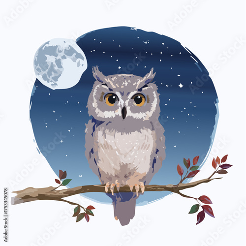 Kleine Eule auf einem Ast bei Vollmond