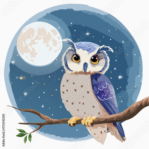 Kleine Eule auf einem Ast bei Vollmond