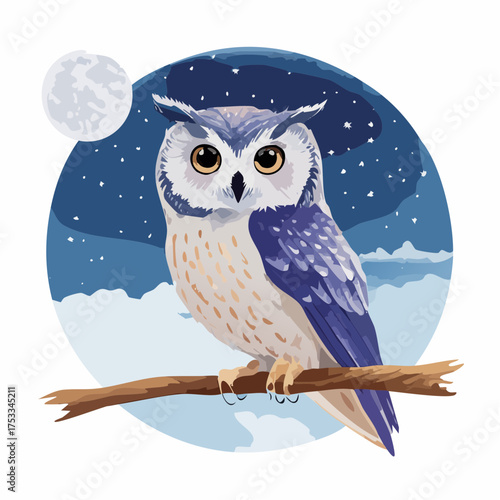 Kleine Eule auf einem Ast bei Vollmond