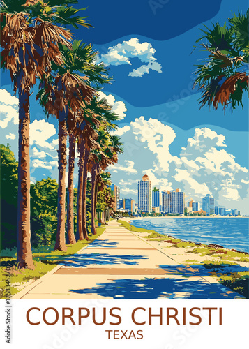 Stunning Corpus Christi Texas vector artwork featuring waterfront promenade with palm trees, inviting exploration of city's scenic coastline and attractions