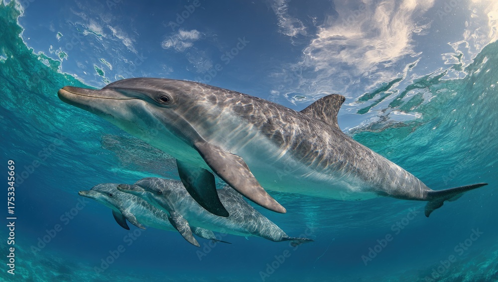 Fototapeta premium Underwater shot of two sleek, grey marine mammals swimming, sunlight filtering through water