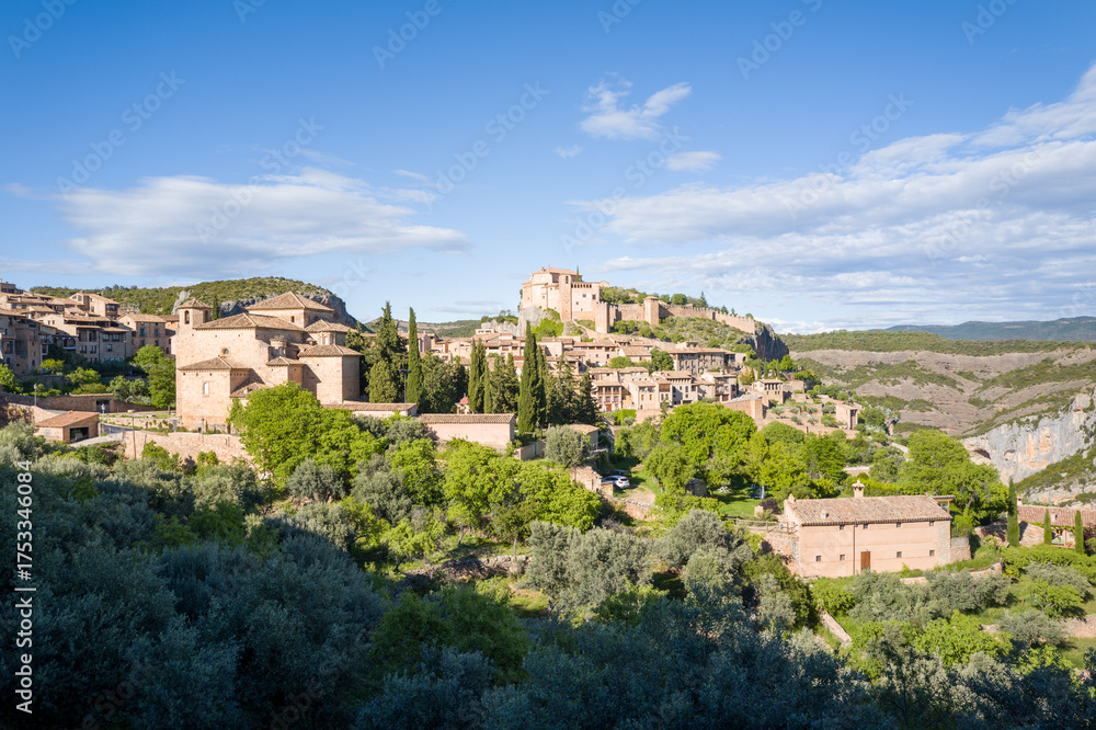 Fototapeta premium This landscape photo was taken in Europe, Spain, Aragon, Alquezar, in summer. It shows the view of the old town of Alquezar, under the Sun.