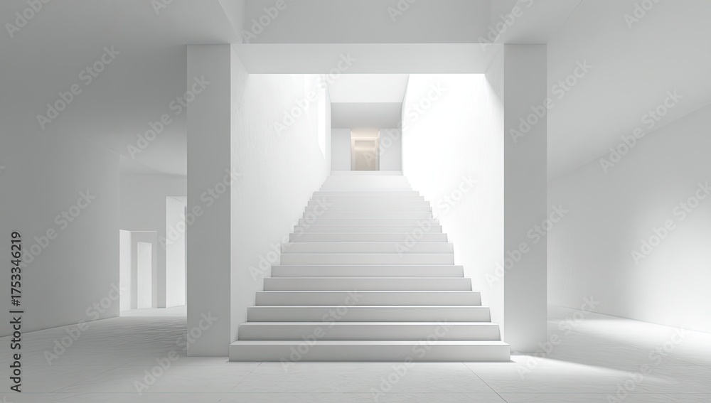 Fototapeta premium Interior perspective of a stark white hallway with a central staircase leading upwards