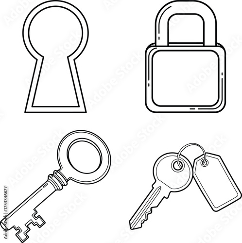 Keyhole padlock keys security symbols isolated line art illustration for children's simple coloring book