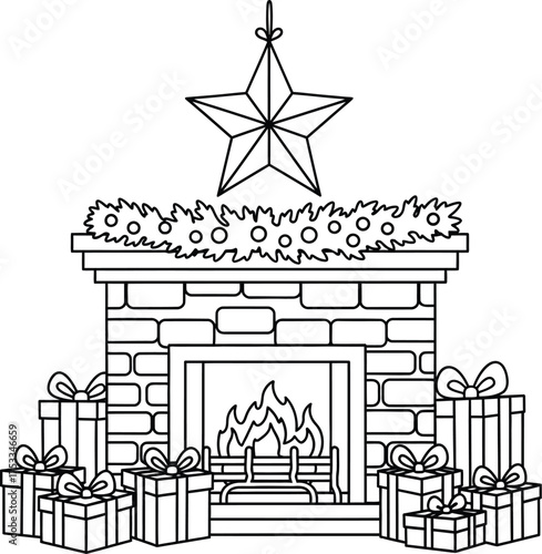 Christmas Fireplace with Gifts and Star - Holiday Season Outline Illustration