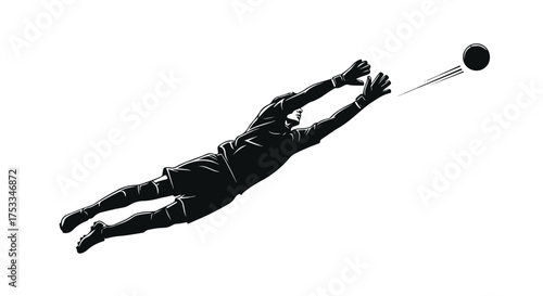 Dynamic Goalkeeper Dive Silhouette with Soccer Ball, High-Contrast Action on White Background
