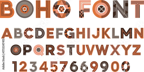 Decorative Boho Font Set, Uppercase Letters, Numbers and Symbols on White Background