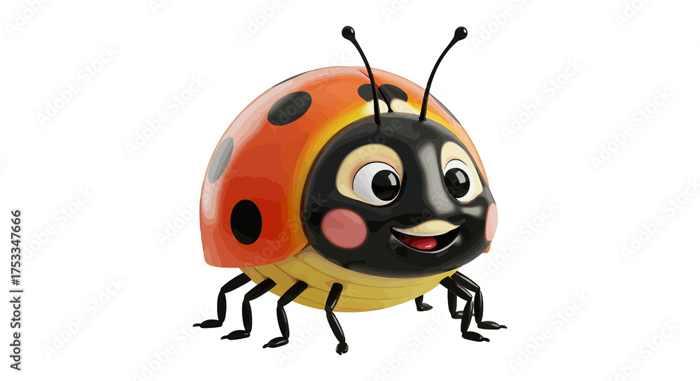 Fototapeta premium Cute cartoon ladybug character with big eyes and a happy smile, isolated on white