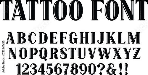 Display Tattoo Font Letters, Numbers, and Symbols in Black on Transparent Background