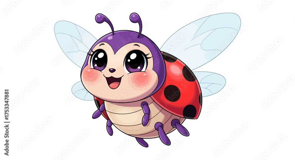 Fototapeta premium Cute cartoon ladybug character with big eyes and wings flying happily