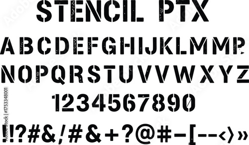 Distressed Stencil Font Letters, Numbers, and Symbols on White Background
