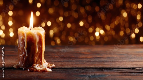 An elegantly lit candle drips wax while casting a warm glow, creating a cozy atmosphere enhanced by a beautiful bokeh background that evokes feelings of tranquility and comfort.