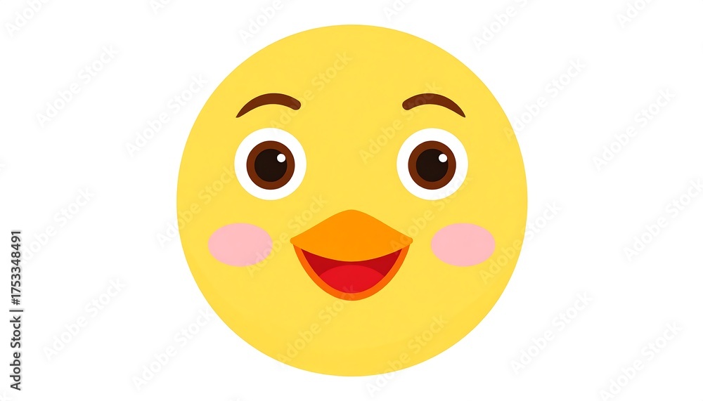 Fototapeta premium A round, yellow cartoon depiction of a baby bird's head. It has large, expressive brown eyes, a bright orange beak, and rosy cheeks