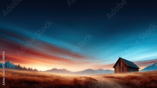 A serene landscape features a rustic cabin surrounded by mountains at sunset, where vibrant colors of the sky reflect nature’s beauty and tranquility in an open environment.