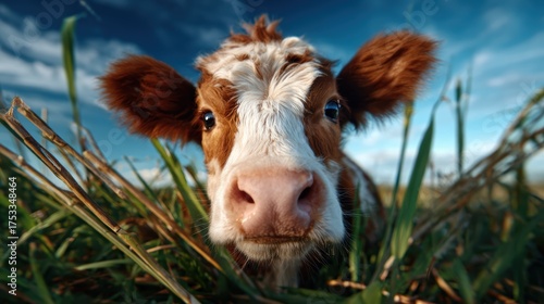 A charming close-up of a curious calf looking directly at the camera while surrounded by vibrant green grass, showcasing its youthful innocence and natural beauty.