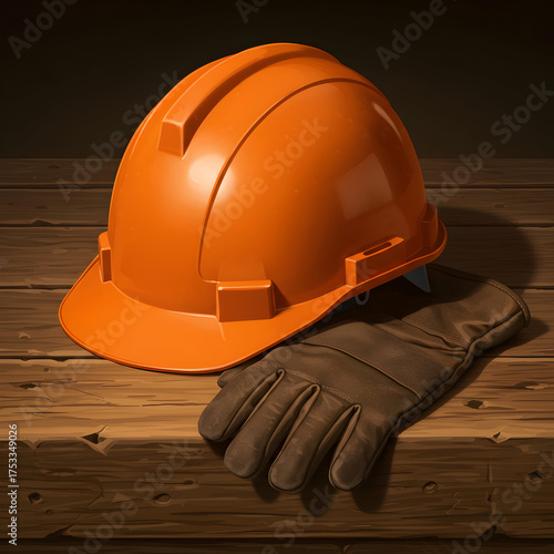 Construction helmet and work glove on wood surface