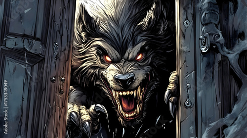 Werewolf emerging from doorway with glowing eyes