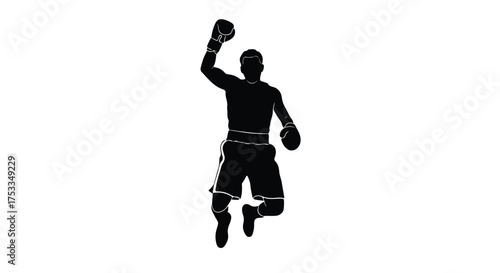 Victorious Boxer Silhouette with Raised Arm Celebrating Win on White Background