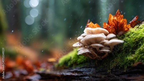 Delicate mushrooms surrounded by colorful autumn leaves in a serene forest, highlighting nature's beauty and the changes of the seasons amidst a gentle rainfall.
