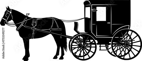 Amish horse and buggy silhouette. This traditional carriage design depicts a horse-drawn buggy, showcasing rural simplicity and vintage aesthetics. Vector clipart black illustration design