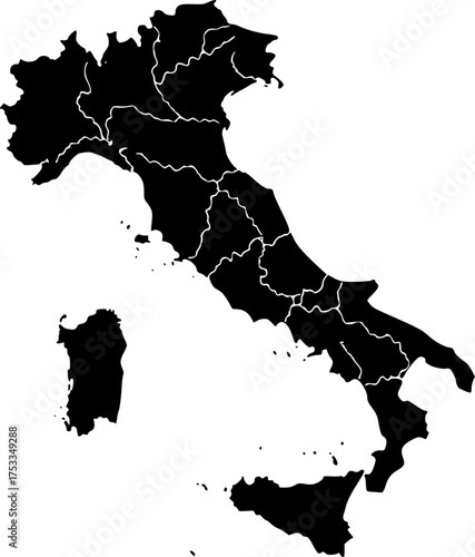 Italy silhouette. This image shows the black silhouette of Italy map, highlighting its geographical shape and borders. Vector clipart illustration design.