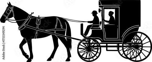 Amish horse and buggy silhouette. This traditional carriage design depicts a horse-drawn buggy, showcasing rural simplicity and vintage aesthetics. Vector clipart black illustration design