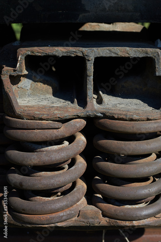 Rusty springs on the car. Railway and metal.