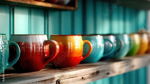 Wallpaper Mural An artistic display of vibrant ceramic mugs arranged on a wooden shelf, showcasing a blend of colors and warmth that invites creativity and comfort. Torontodigital.ca