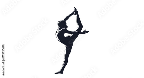 Graceful female silhouette in elegant dance or gymnastic pose, showcasing flexibility and balance on white background