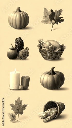 Autumn harvest collection featuring pumpkins, leaves, nuts, and seasonal decorations in