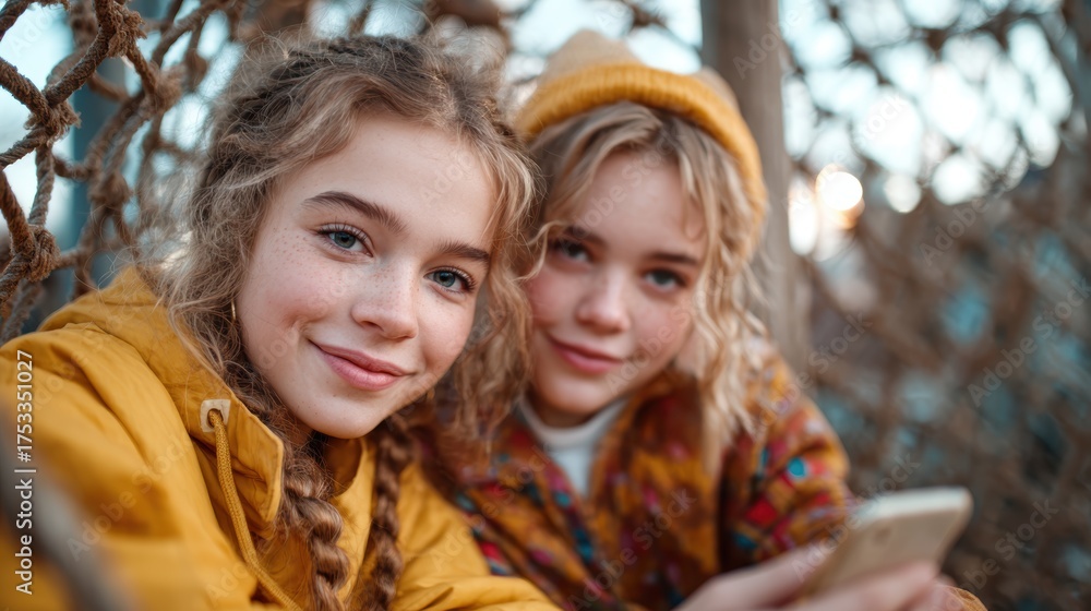 Obraz premium Two cheerful young girls pose in cozy jackets, smiling at the camera, showcasing friendship, warmth, and the joy of shared moments in a natural environment.