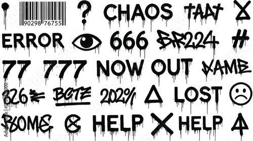 Dripping Graffiti Tag Elements Isolated on White Background, Barcode, Symbol, Error