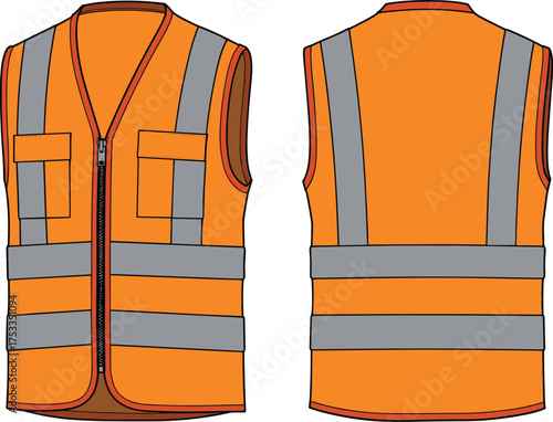 High visibility safety vest front and back view, reflective stripes, zipper closure, construction workwear uniform, occupational apparel flat sketch