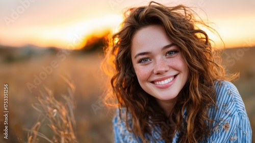 A joyful young woman with curly hair smiling brightly against a stunning sunrise in a golden field, radiating happiness and warmth of nature, inspiring positivity and hope.