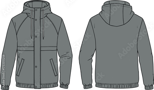 Hooded jacket front and back view, zipper closure, drawstring hood, flap pockets, ribbed cuffs hem, casual outerwear fashion flat sketch