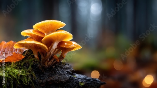 A cluster of vibrant orange mushrooms grows on a mossy log amidst a serene, blurred forest background, capturing the essence of nature's beauty and tranquility.
