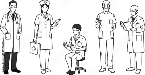 Medical professionals in uniforms, doctors, nurses, surgeon, healthcare teamwork, hospital staff illustration, professional attire, diverse roles, modern medical vector design