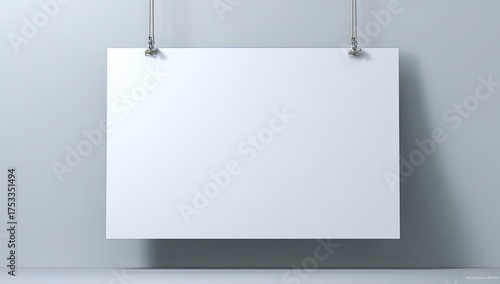 A plain, white rectangular sign suspended by two thin wires against a muted, light gray background