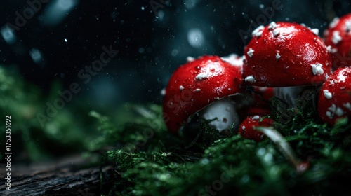 A captivating scene of enchanting red mushrooms sprouting on a mossy forest floor, evoking the mystery and beauty of nature in a magical woodland setting.