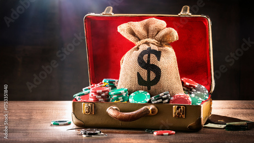 Suitcase Full of Casino Chips and a Money Bag High Stakes Gambling Concept