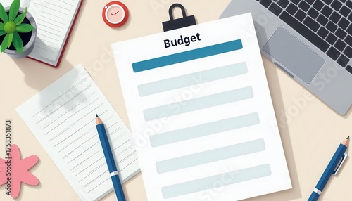 Modern office desk setup for budget planning with a financial document, laptop, and stationery from a top-down perspective.