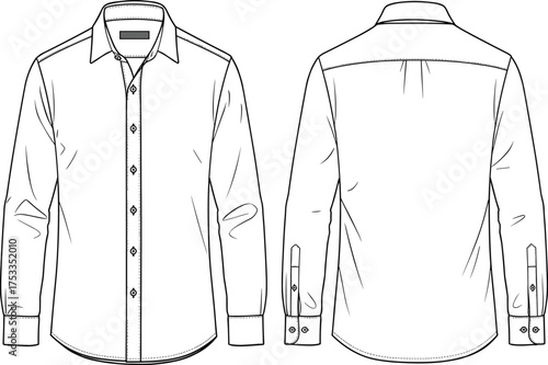 Men’s button-up shirt front and back view, pointed collar, long sleeves, button cuffs, curved hem, fashion apparel technical flat sketch