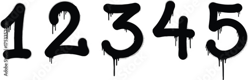 Dripping Numbers Vector, 12345 One Two Three Four Five, Black Paint, White Background