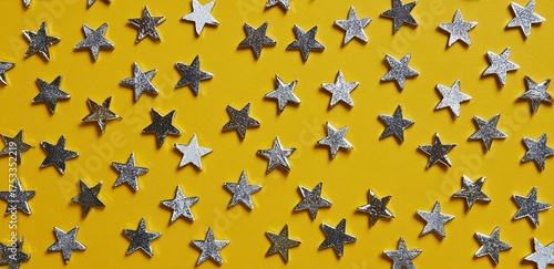 Overhead shot of numerous silver stars scattered across a bright yellow background. The texture is smooth