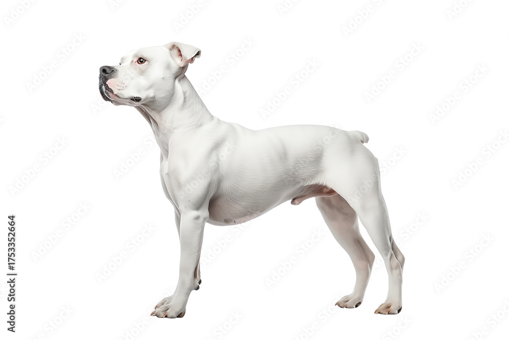 Fototapeta premium A proud white dog stands confidently, showcasing its strong build and alert demeanor, perfect for pet-related projects and promotions.