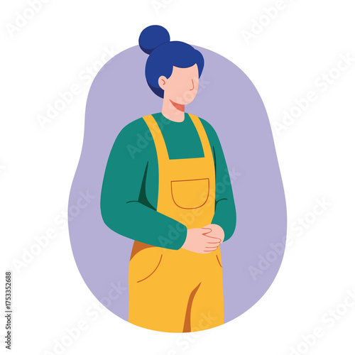 Professional woman in yellow overalls with blue bun hair flat vector design