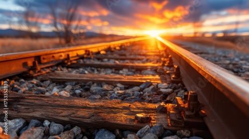 The image captures a breathtaking sunset over train tracks, with striking colors illuminating the sky, creating a sense of adventure and wanderlust in nature's beauty.